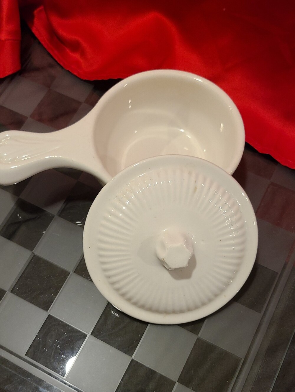 Vintage White Ceramic Lidded Saucepan with Handle